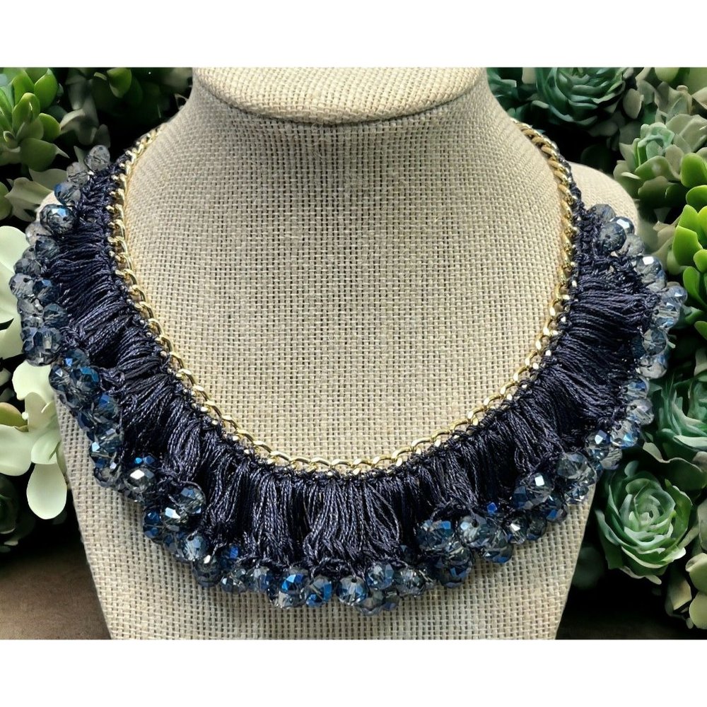 Vintage Blue Beaded Necklace Choker Crochet Bib Silver Tone 14" Long